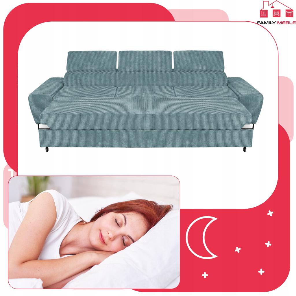 Sofa kanapa 3 os rozkładana z f. spania Savio Family meble j.zielen sztruks