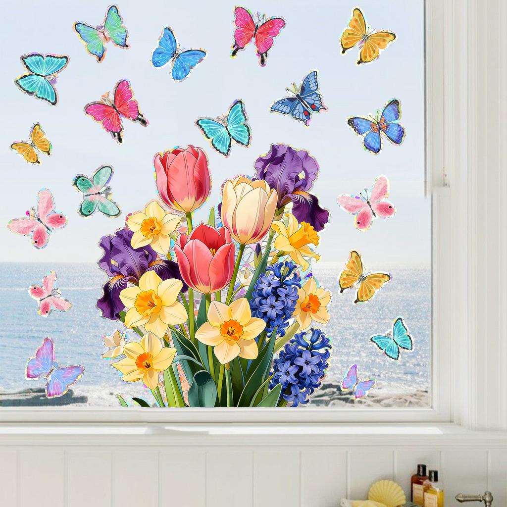Static Cling Wall Stickers Creative Butterfly Tulip Daffodil for Bedroom Study Living Room Home Decor