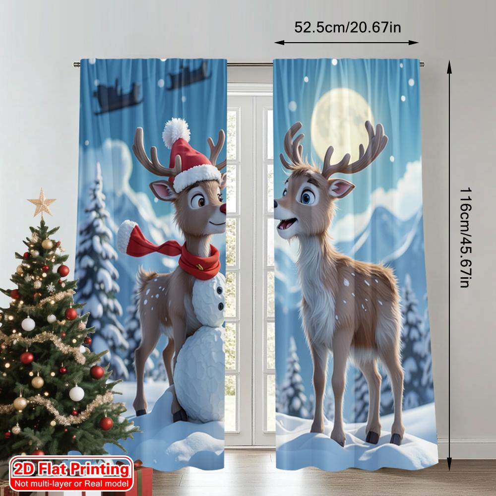 2pcs 2D flat printing Christmas Curtain Christmas Snowman Reindeer Sleigh Fabric Without Electricity 0 for New Year Celebrations