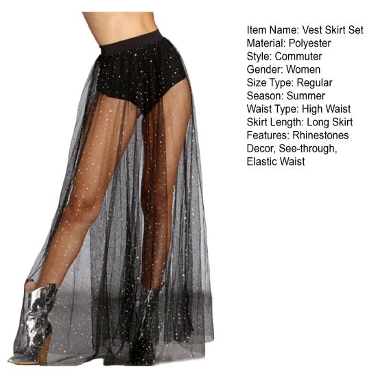 Sexy Perspective Skirt Elastic High Waist Pleated Lace Mesh Yarn Skirt Shiny Rhinestones Decor Maxi Skirt Nightclub Daily Wear
