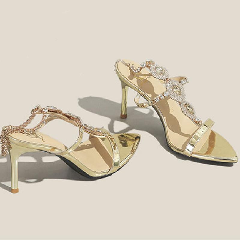 Fashion Luxury Rhinestone Women Sandals Fashion Pointed Toe Open Toe Chain Buckle Roman Shoes High Quality Elegant Thin Heel Dress Shoes