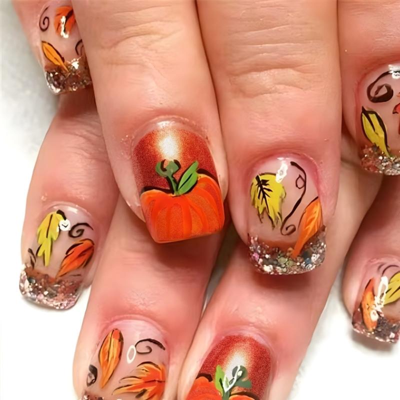 

Fall Maple Leaf Press On Nails Short Square Orange Pumpkin Full Cover Artificial Nails 24Pcs Stick on Nails for Women 1