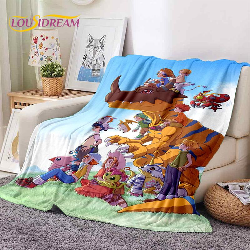 Retro Digimon Adventure Potwór Kreskówka Miękki Koc Flanelowy, Koc do Rzucania Wygodny Koc na Piknik Łóżka Kanapę Domowy Sypialnia