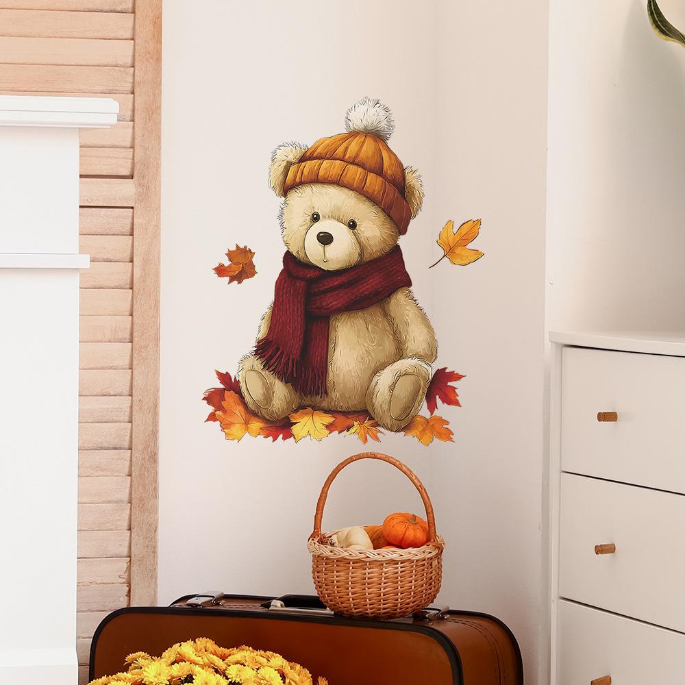 Cartoon Plush Bear and Fallen Leaf Children's Bedroom Home Decoration and Beautification Wall Stickers