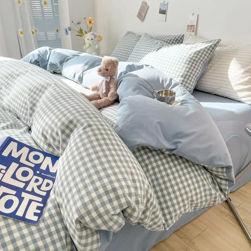 INS Plaid Bedding Set Pink Green Bed Linens Nordic Duvet Cover Pillowcase Queen Size Flat Sheet Adults Kids Bedclothes