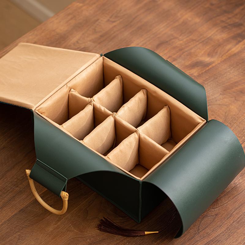 Premium Tea Set Birthday Gift Boxes Heart Shaped Leather Bamboo Handle Portable Storage Box Removable Storage Tea Set Empty Box