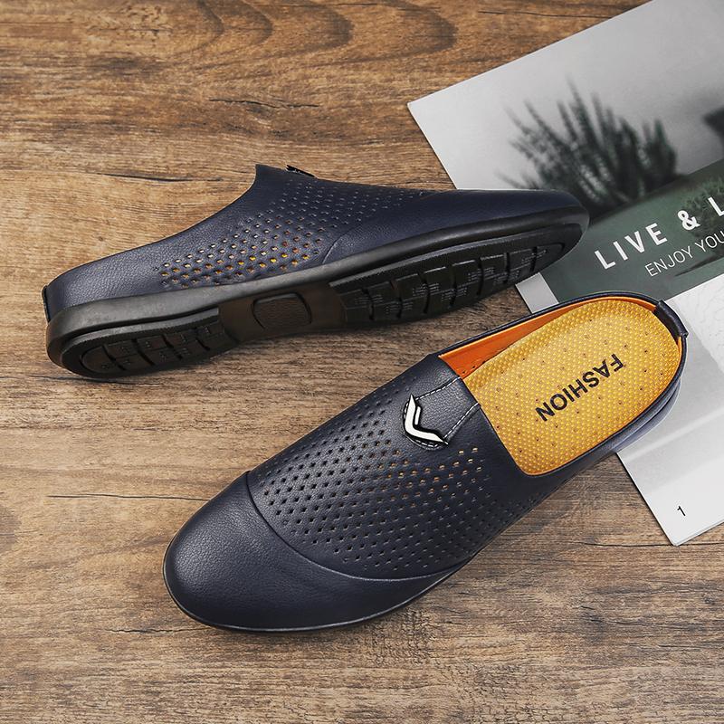 Summer Men Shoes Casual Brand Half Shoes For Men Loafers Genuine Leather Half Slipper Breathable Slipon Lazy Flats Men Moccasins