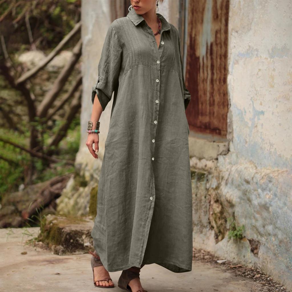 Women's Fashionable V-neck Cotton And Linen Loose Long-sleeved Shirt Dress