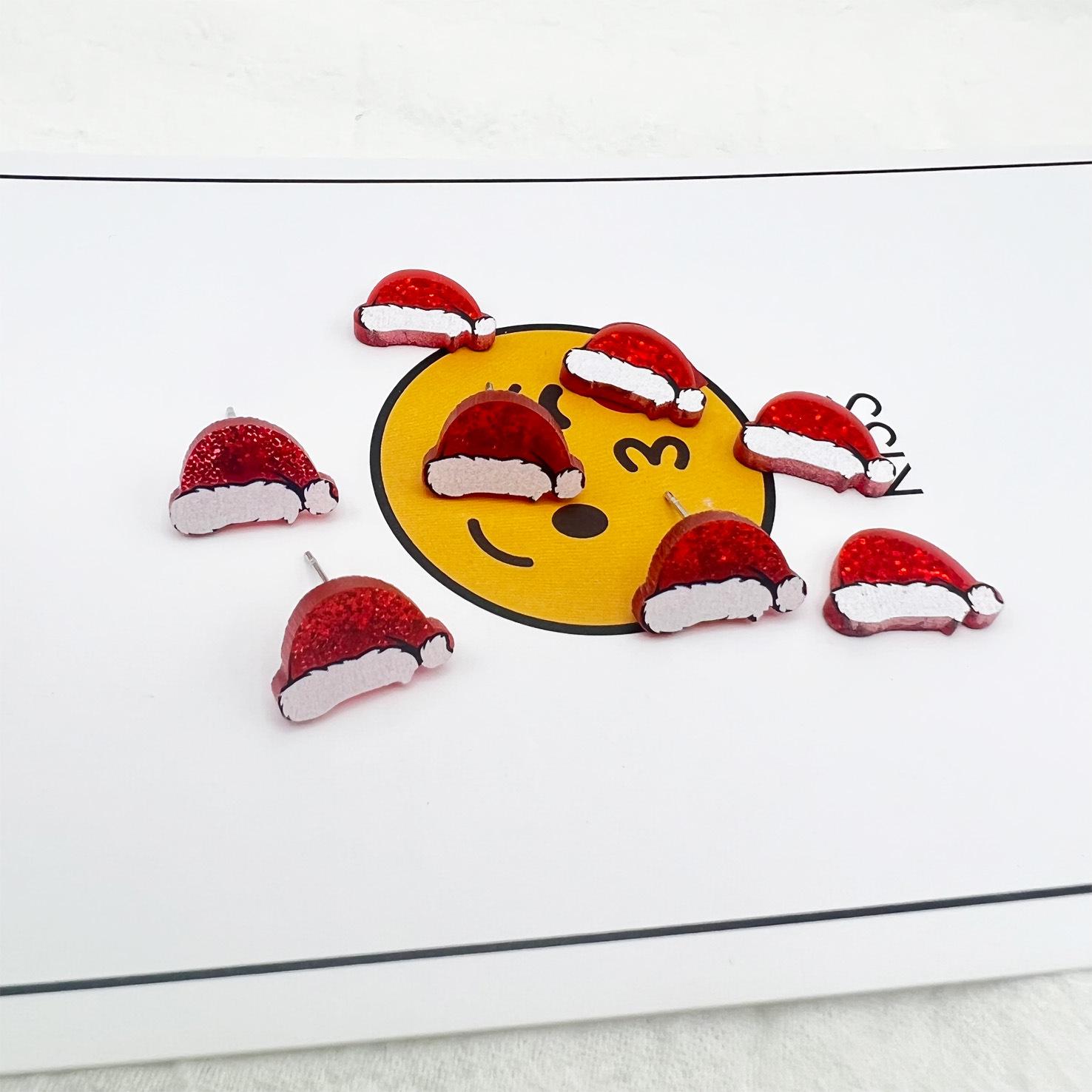 Red & White Christmas Hat and Candy Socks Earrings - Acrylic Festive Holiday Jewelry