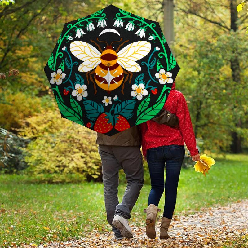 1pc Bee Flowers Automatic Folding Umbrella, Heavy Duty 8 Rib Iron Frame,  Suitable for Travel, Daily Use, Birthday, Decor Gift  26