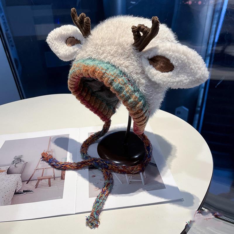 2-in-1 Christmas Reindeer Knitted Hat Winter Warm Antler Beanie Creative Ear Protection Hat with Tie-strap Festive Outdoor Cap