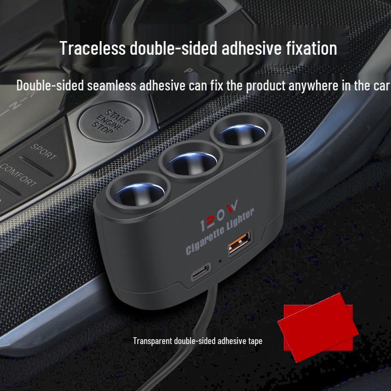 Universal Multifunctional Car Charger: One-to-Three Cigarette Lighter with USB & PD Ports, 12V/24V Adapter.