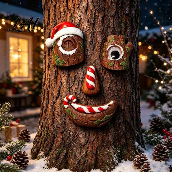 Tree Hugger Holiday Ornament 5 Pcs/Set Outdoor Face Decor Christmas Resin Art with Whimsical Yard Sculpture Santa Hat Funny Eyes Nose Mouth Set for