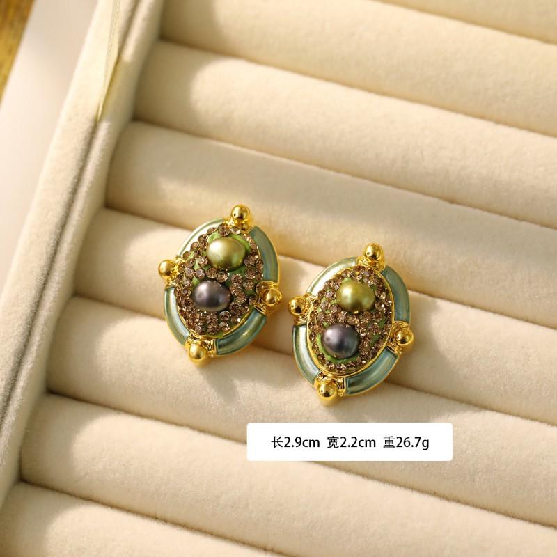 Handmade Baroque Pearl Earrings With Impressionist Garden Design Post Copper Base Matte Gold Green Finish