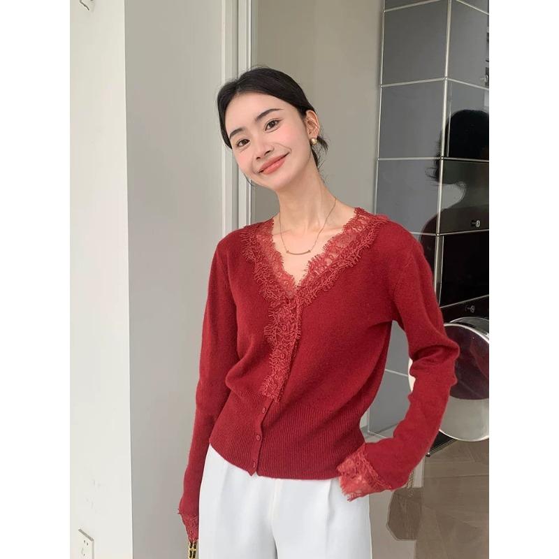 Lace Splicing V-neck Knitted Cardigan Jacket Women's Outer Knitted Sweater Women's Autumn and Winter Sweater with Bottoming Shirt Top