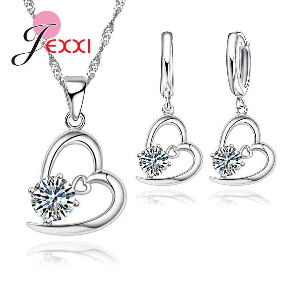 925 Sterling Silver Jewelry Sets Romantic Lovely CZ Crystal Necklace Pendant Earrings for Women Valentines Day Wedding
