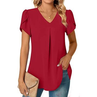 Verão Simples Feminino Decote V Manga Pétala Camisa Blusa