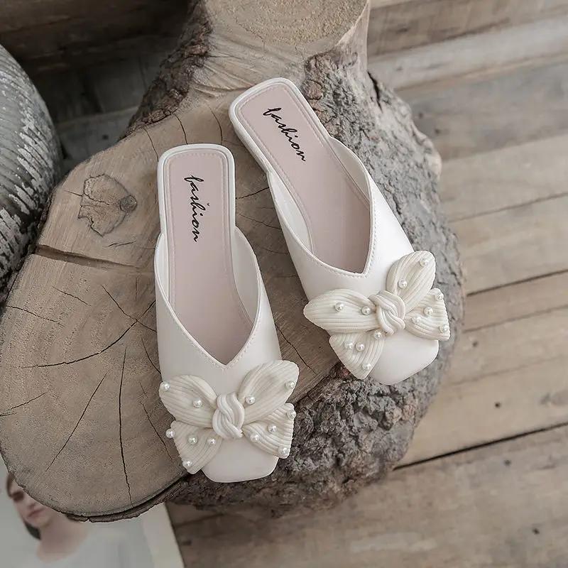 Fashion Low Heel Indoor Leather Women's Slippers and Ladies Sandals Outside Shoes Soft Job Slides Pearl Mules Natural Skin Footwear Pvc