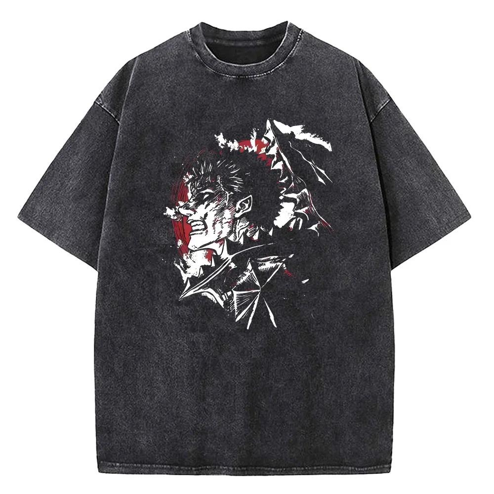 2026 Anime Berserk Guts Graphic Printed Tee Men Women Vintage Washed Casual Tshirts High Quality Cotton T Shirt Harajuku Male T-shirt