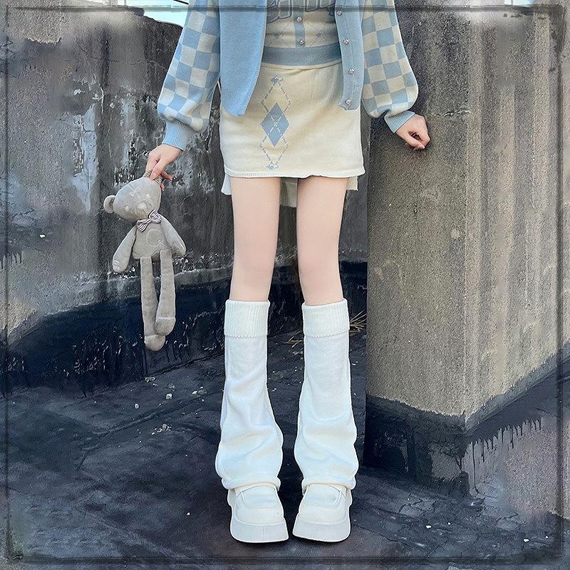 Women's Korean Style Knit Wool Leg Warmers - White Calf Socks for Autumn & Winter