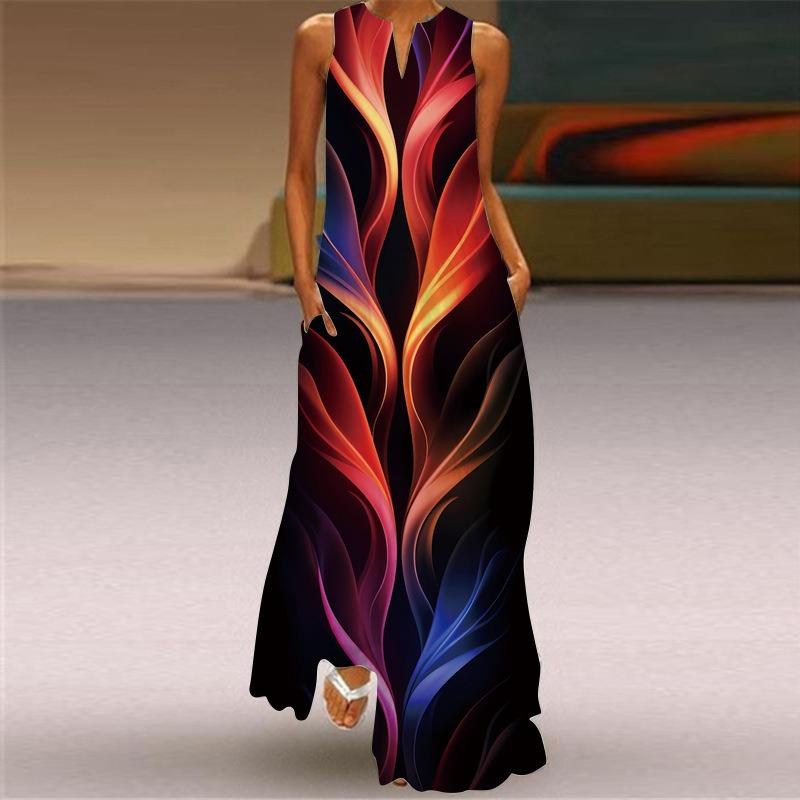 New summer women's sleeveless v-neck printed sexy dress long dress women's clothing