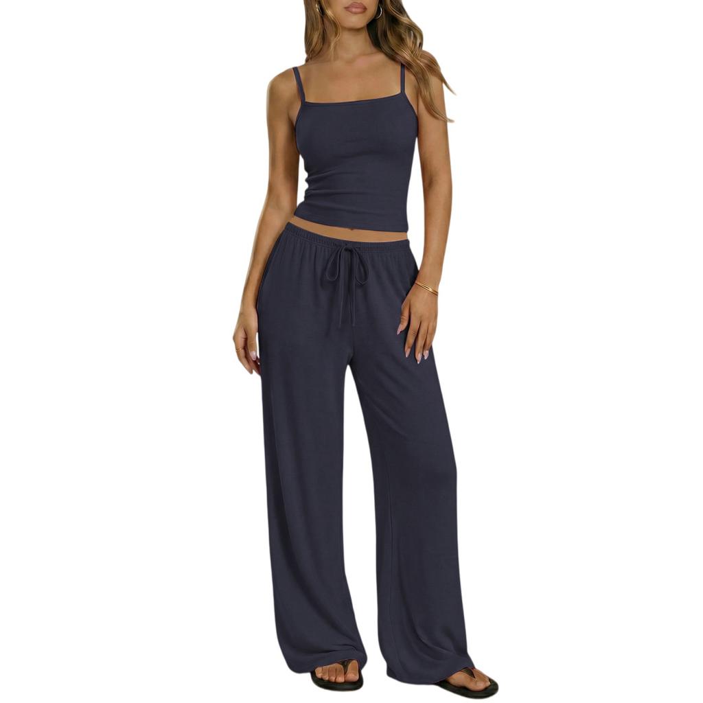 Spring Summer Women Camisole Crop Top Long Pants Casual Wide Leg Pants Lazy Style Set
