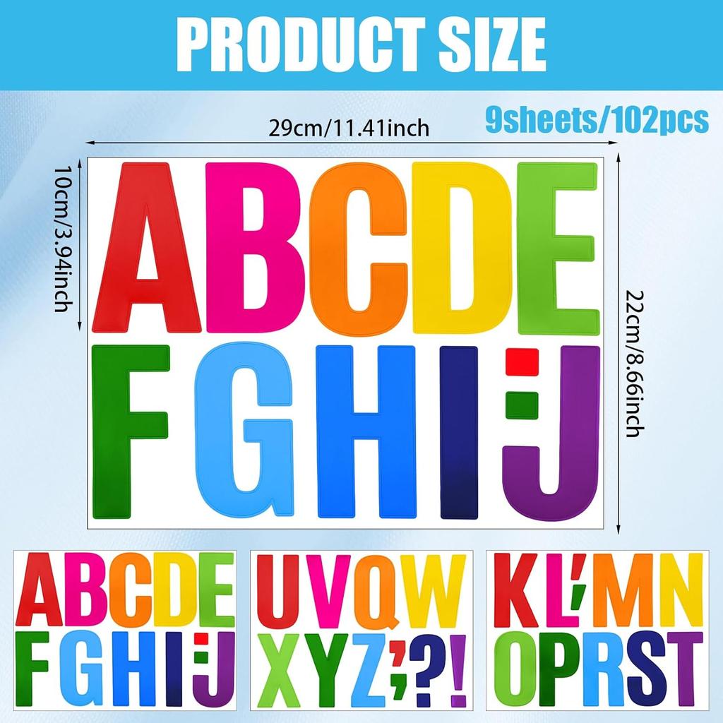 9 Sheet Colorful Large Letter Stickers, 4 Inch Stick on Letters Waterproof Self Adhesive Vinyl Letters Alphabet Stickers for Poster Bulletin Board