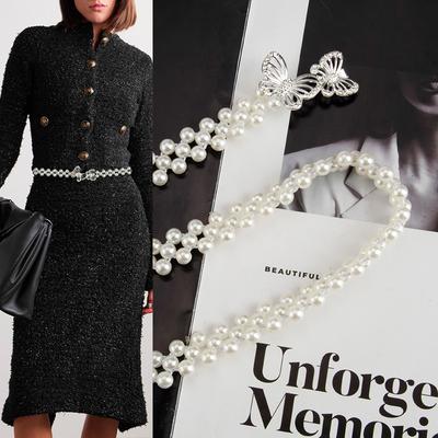 Pearl Waist Chain Ladies Double Butterfly Button Head Elastic Elastic Thin Belt Dress Decorative Body Chain Women