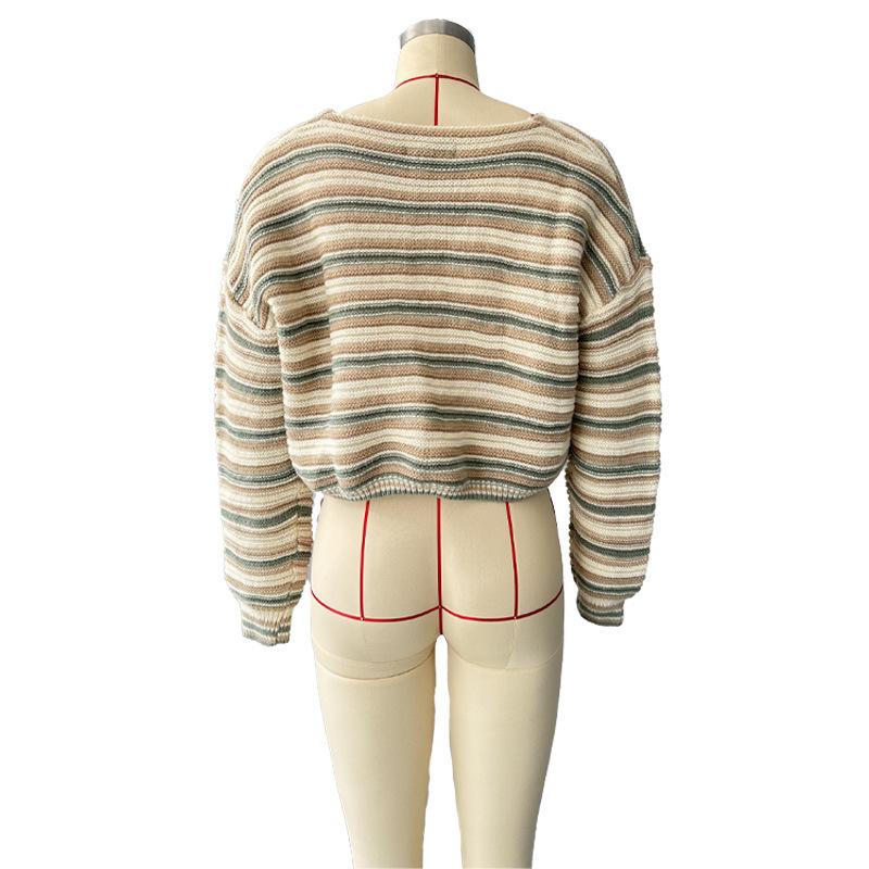 Women's Sweater Long-sleeved V-neck Loose Striped Knitted Sweater