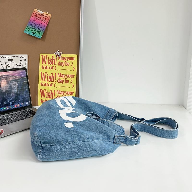 Letter Print Denim Crossbody Bag Large Capacity Student Shoulder Bag Men's Women's Handbags
