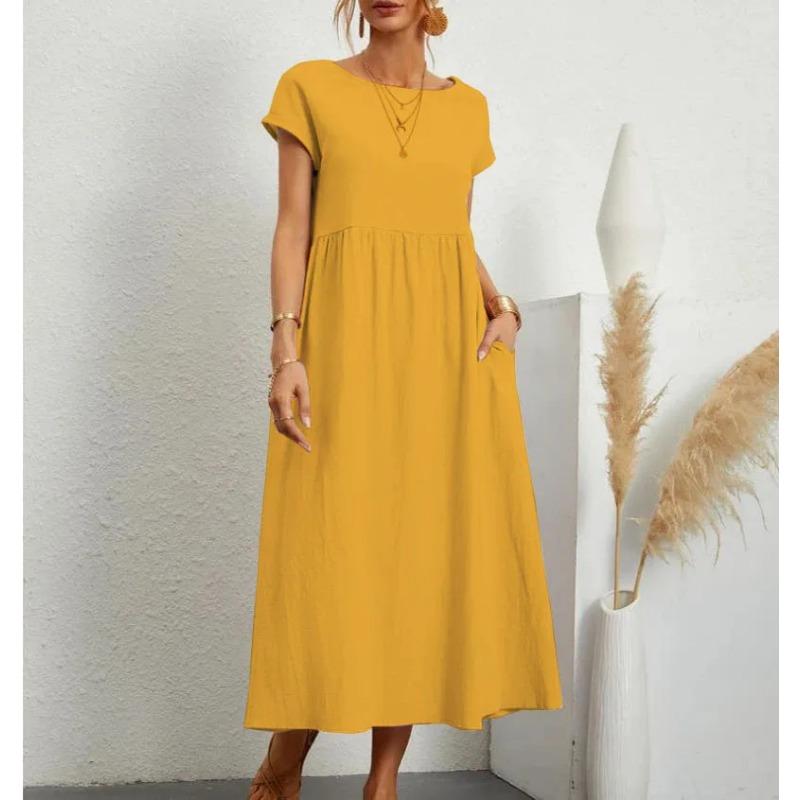 

Solid Color Sleeveless Loose Cotton Linen Pocket Dress 2XL жёлтый