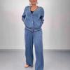2025 Herbst/Winter Damen Rundhals Patchwork Strickjacke & Hose mit weitem Bein Set