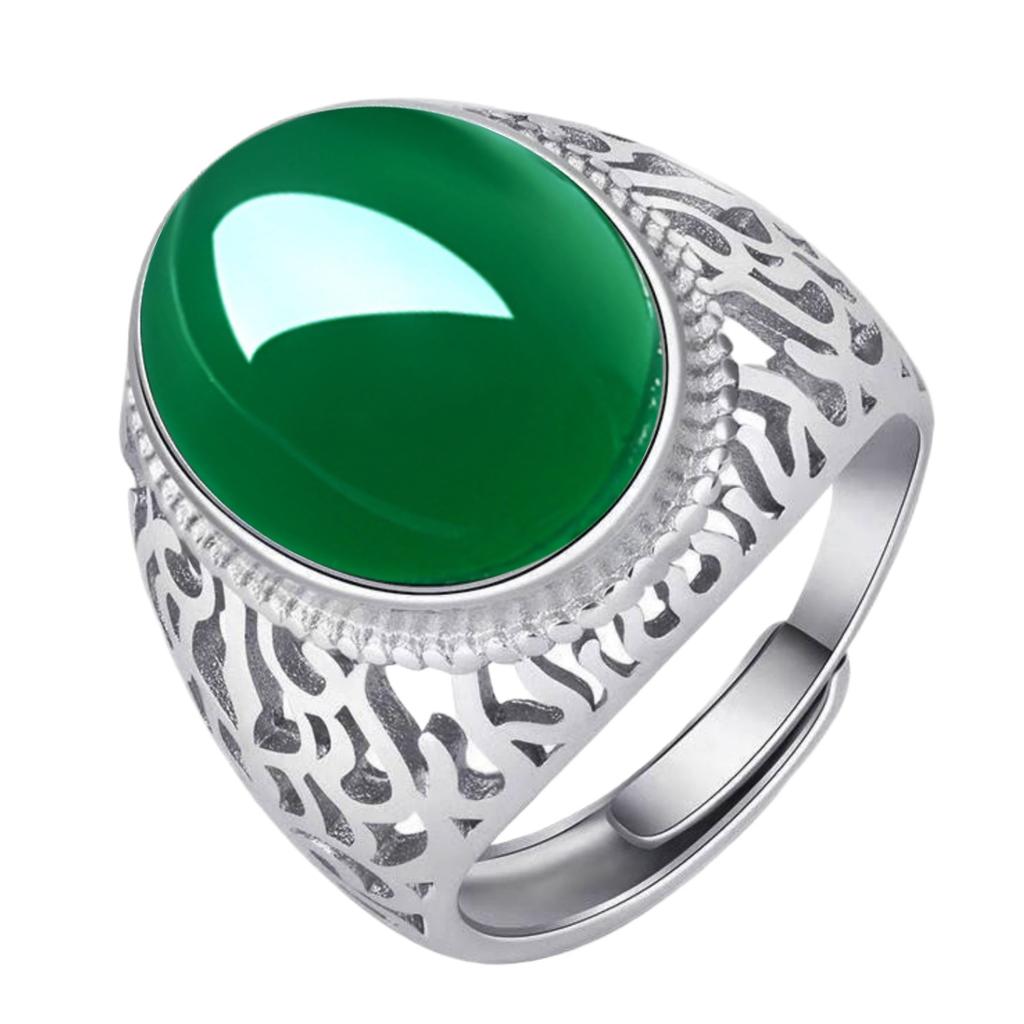 Silver-plated green agate men's ring, trendy and stylish, domineering white gold men's diamond ring, gemstone ring, adjustable size