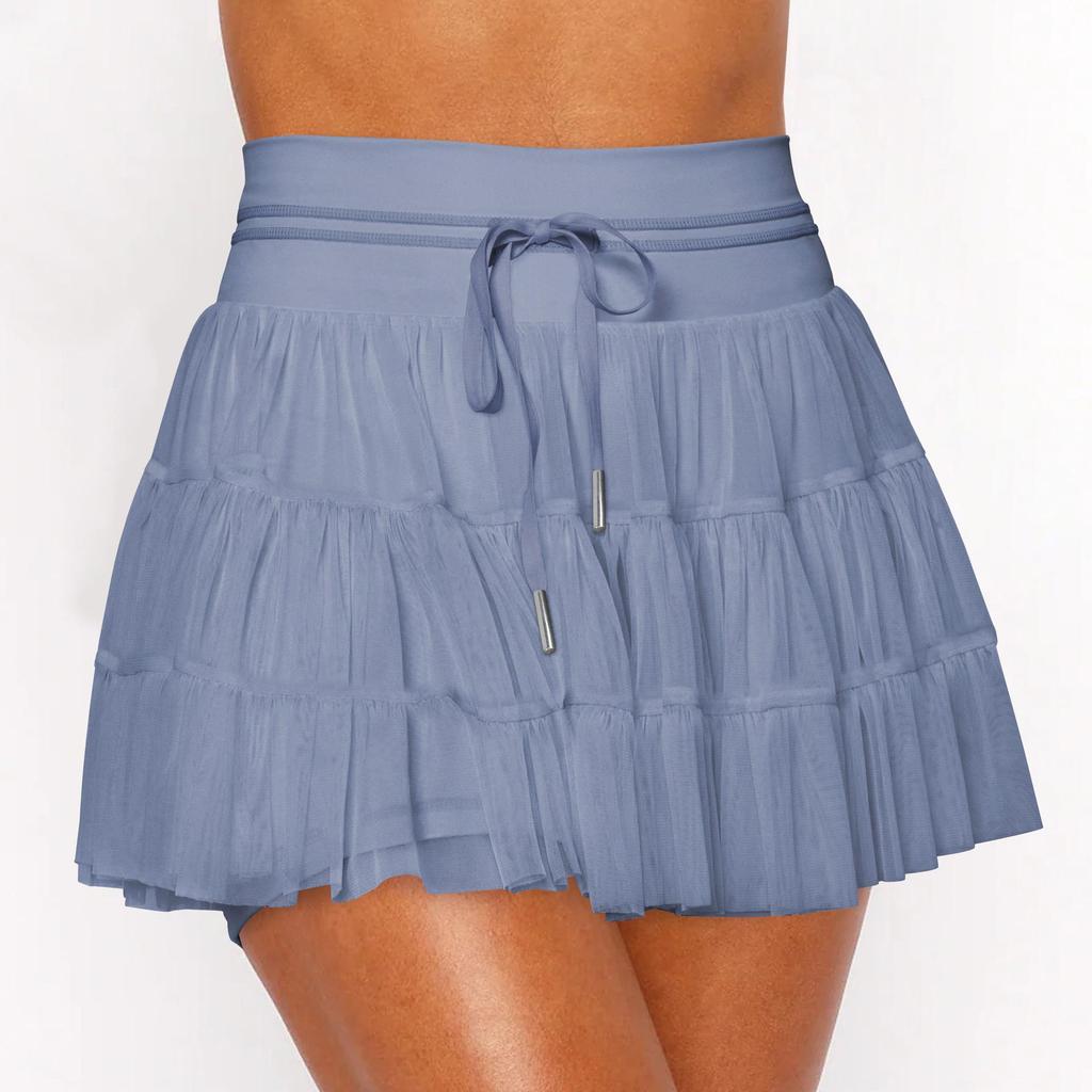 Wish Fashion Lace-Tied Pleated Safety Skirt: Summer Anti-Exposure Mesh Overlay