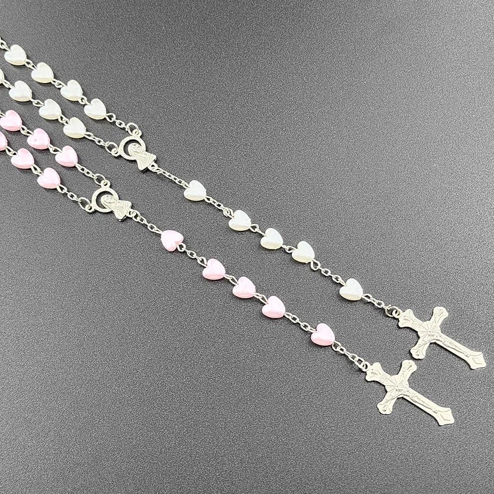Christian Rosary Beads Necklace For Women Cross INRI Virgin Mary Pendant Pink Heart Chain Female Religion Prayer Party Jewelry
