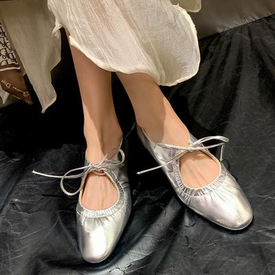 Mocassini Bassi Morbidi da Donna con Laccio Scarpe Singole Mary Jane Argentate Moda Primavera Nuova Scarpe da Ballo Balletto Casual da Donna per Esterno