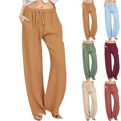 Calças femininas de linho de algodão verão perna larga casual solto cordão cintura alta calças palazzo com bolsos