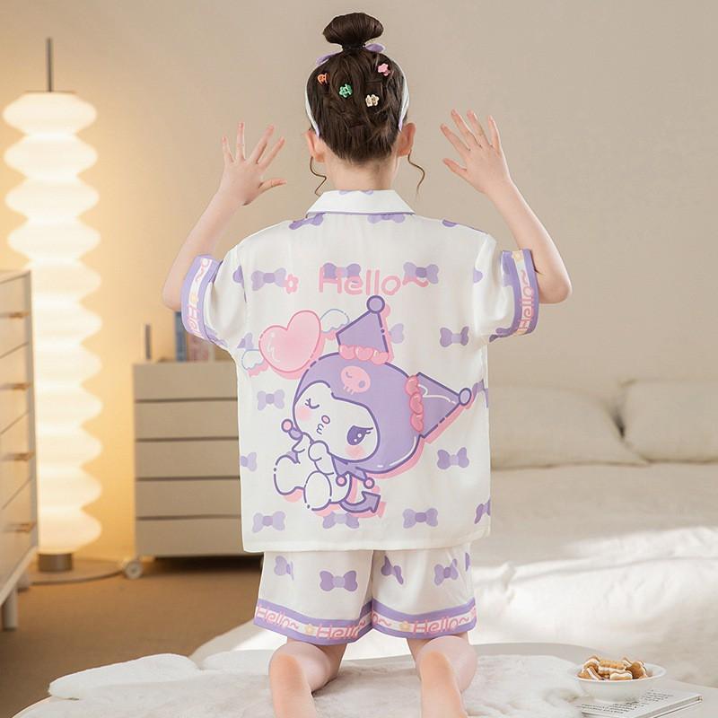Girls Ice Silk Pajama Set Short Sleeve Cartoon Print Sleepwear 8-14 Years Old Kids