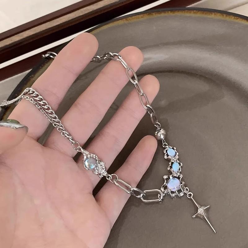 Titanium steel non-fading moonstone cross necklace women's summer light luxury niche design sense senior spice girl collarbone chain
