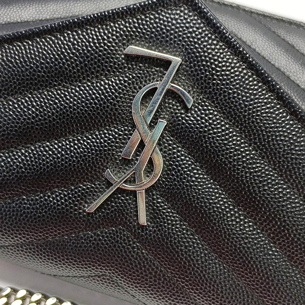 [Pre-Owned] Ysl Envelope Silver Logo Quilted Grainy Embossed Leather Envelope Chain Wallet Shoulder Crossbody Bag - Excellent #1TE77E9