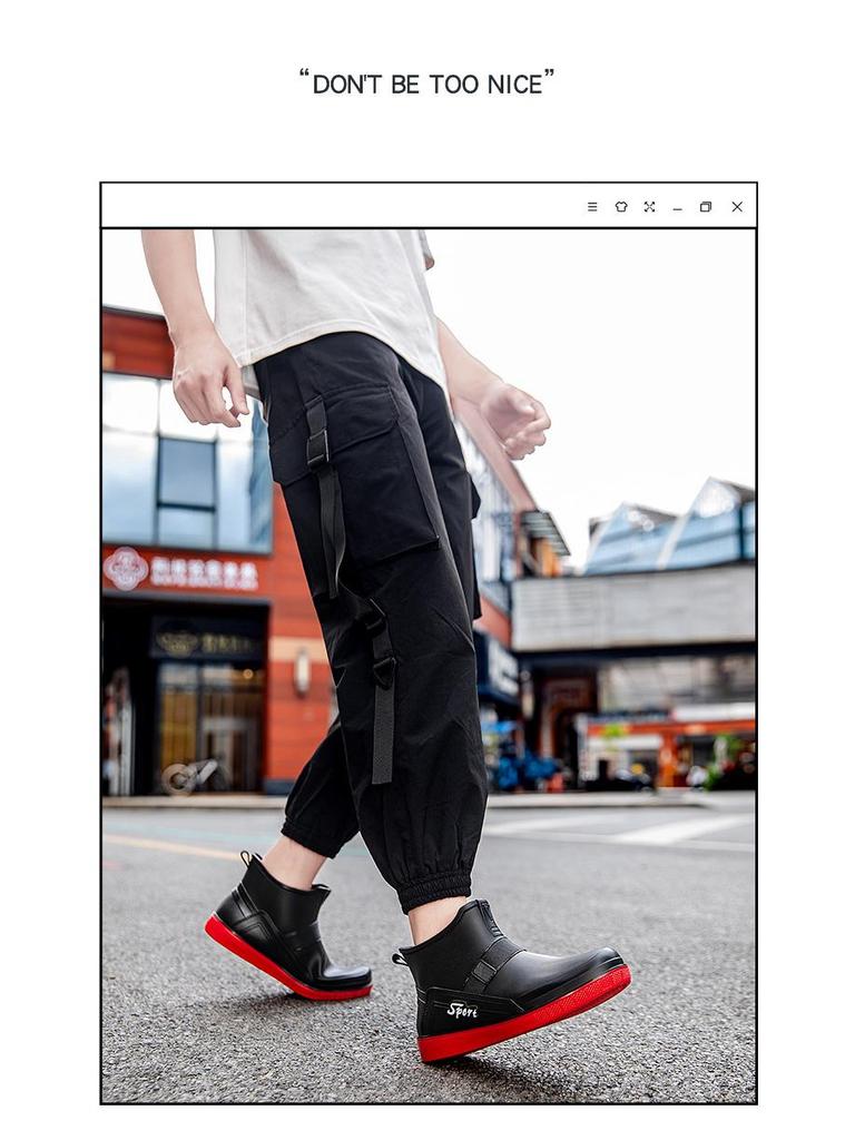 Bottes de Pluie Courtes Mode Homme - Noir/Rouge, Tige Mi-Courte, Cordon de Serrage, Chaussures Réfléchissantes en Caoutchouc pour Patauger et Pêcher.