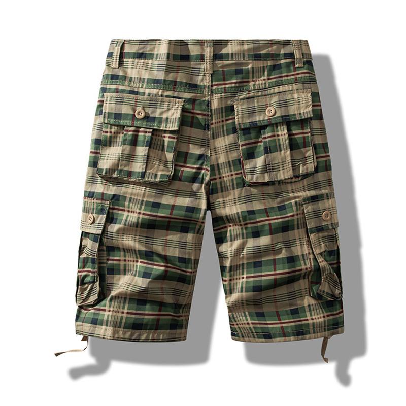 Bavlněné cargo šortky pánské letní sportovní ležérní plážové krátké kalhoty s více kapsami rovné kostkované šortky