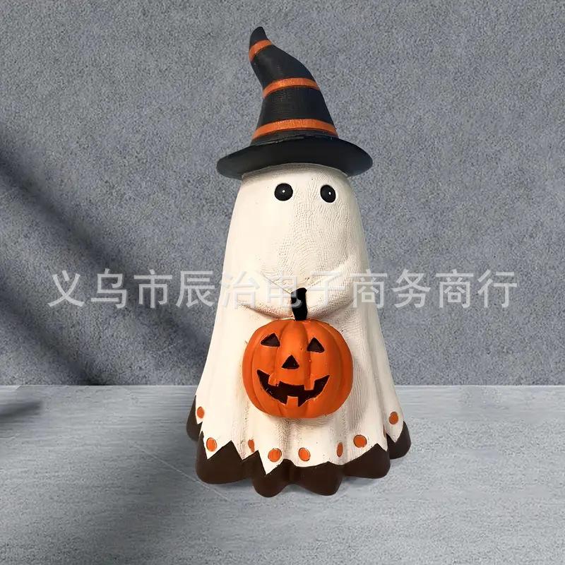 Resin Ghost Pumpkin Ornament Cute Ghost Holding Pumpkin Statue Home Decoration Statuette