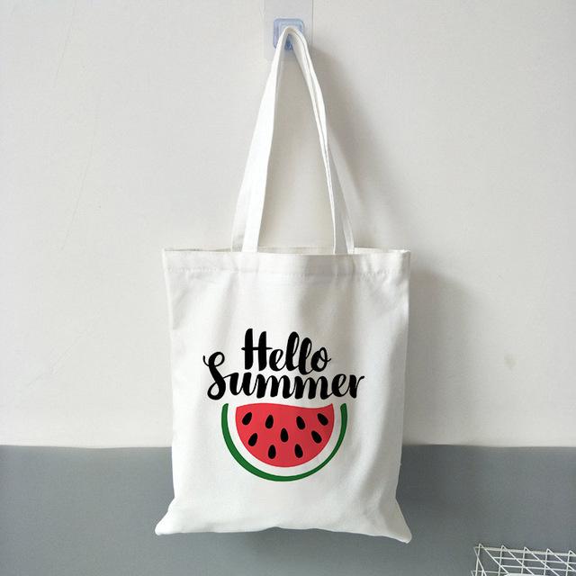 New Women's Casual Canvas Shopping Bag Hello Summer Watermelon Print Eco Tote Travel Bag Lady Handbag Reusable Large Capacity