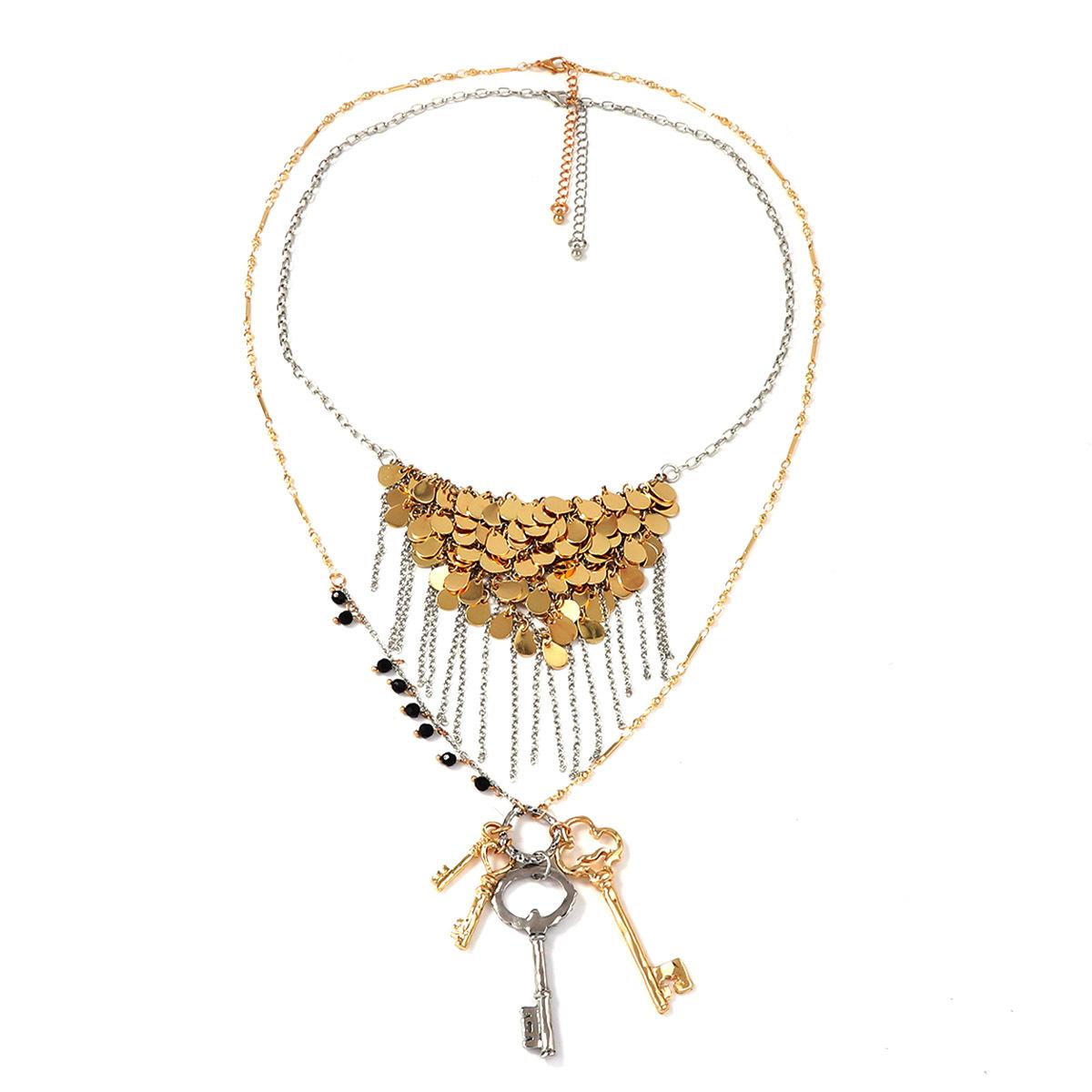 Европейский и американский легкий люкс, высокое чувство дизайна, сплав, ключ, металлическая дисковая бахрома, многослойное ожерелье, женское золотой