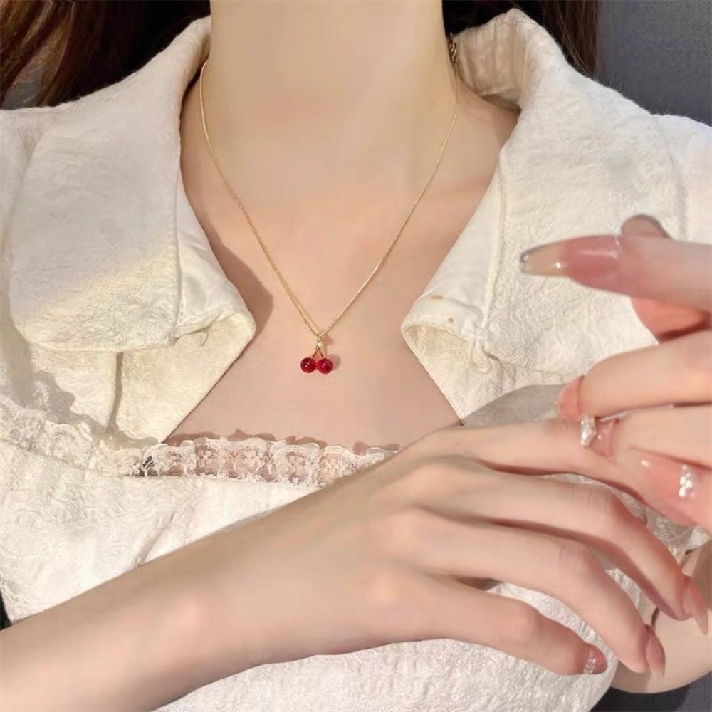 Golden Chain Fruit Chain Necklace Red Cherry Necklace Jewery Cherry Pendant Necklace  Women Fashion
