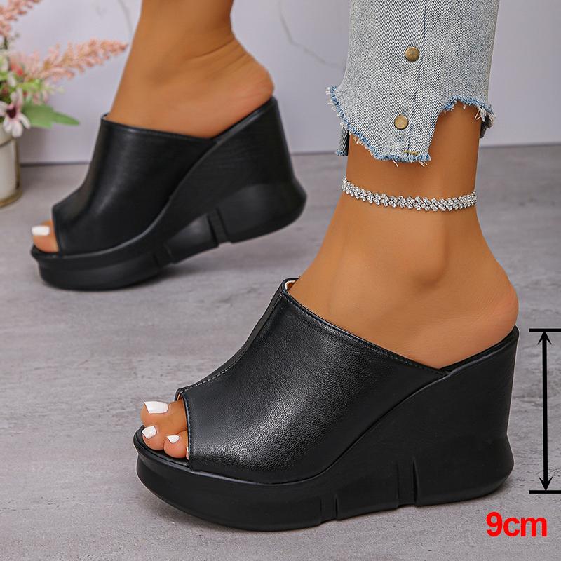 

Модные сандалии-клинья на платформе с открытым носком для женщин, черные, из искусственной ПУ-кожи, шлепанцы на толстой подошве, женские летние, слипоны, сандалии на очень высоком каблуке 40 чёрный