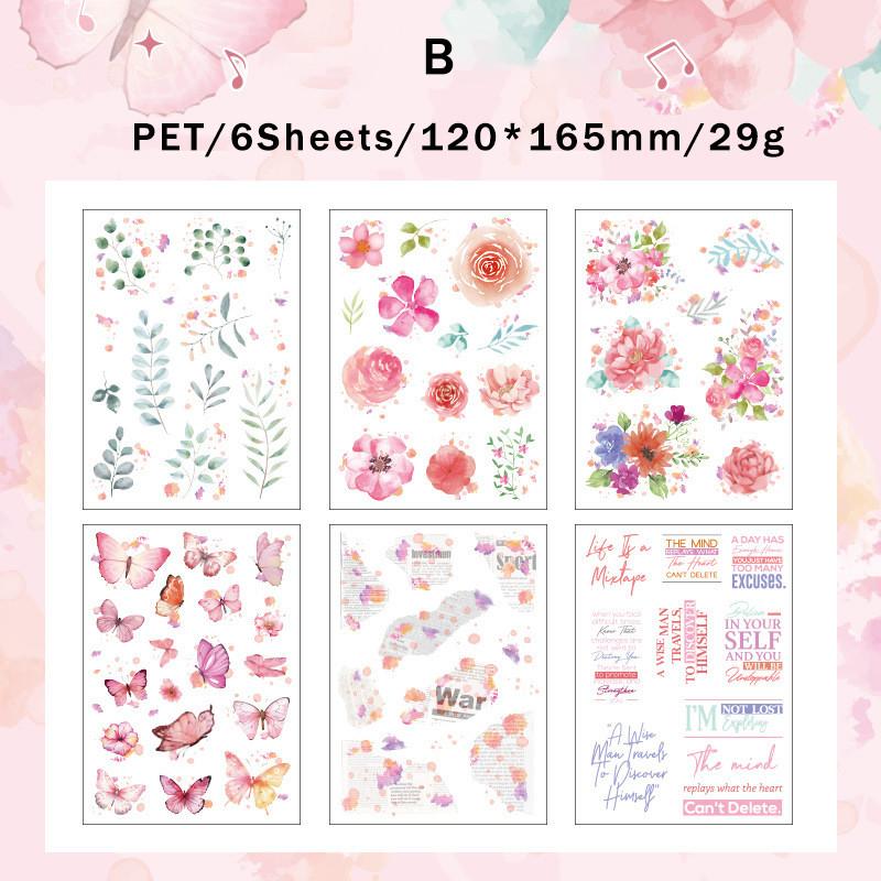 6Sheets PET Butterfly Plant Sticker DIY Scrapbooking Collage Supplies Creative Decor Stationery Junk Journal Aesthetics Stickers