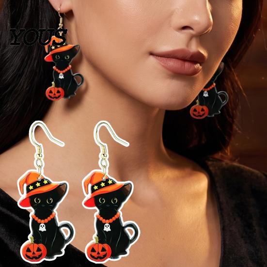 Eye Catching Seasonal Ear Jewelry 1 Pair Halloween Black Cat Acrylic Earrings for Women, Cute Unique Niche Holiday Gift Her with Wizard Hat