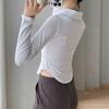 Women's Black Pure Cotton Polo Collar Long-Sleeve Slim-Fit T-Shirt, Curved Hem, Versatile Spring/Autumn Style.